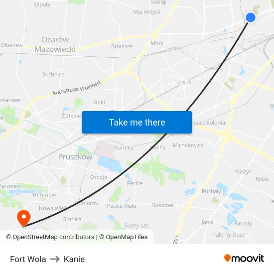 Fort Wola to Kanie map