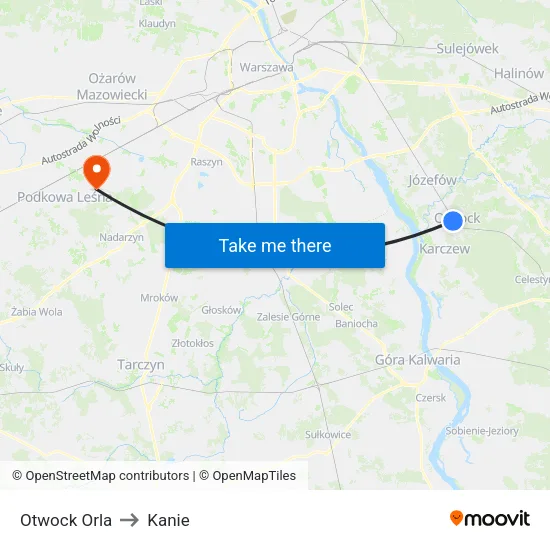 Otwock Orla to Kanie map