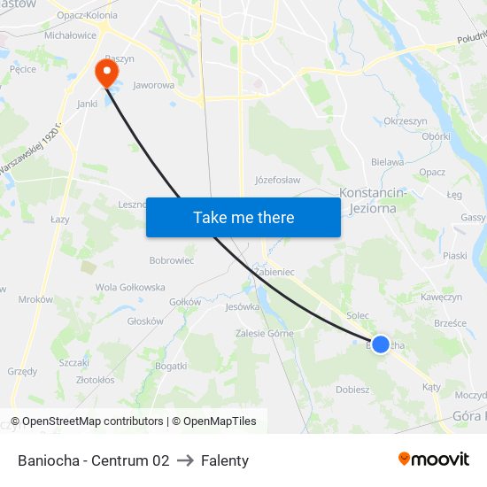 Baniocha-Centrum to Falenty map