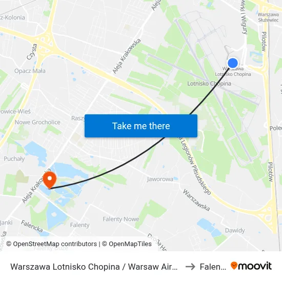 Warszawa Lotnisko Chopina / Warsaw Airport to Falenty map