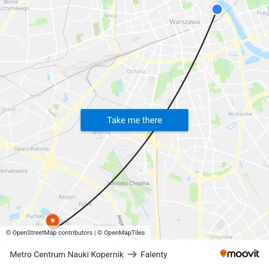 Metro Centrum Nauki Kopernik to Falenty map