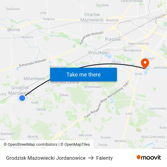 Grodzisk Mazowiecki Jordanowice to Falenty map