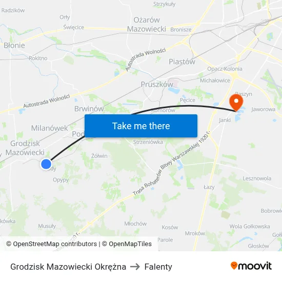 Grodzisk Mazowiecki Okrężna to Falenty map