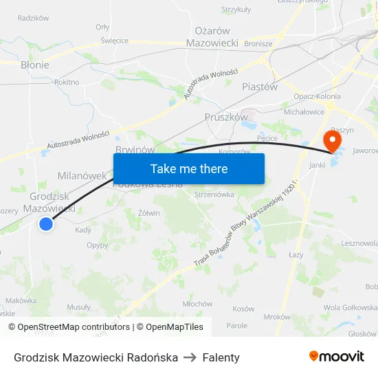 Grodzisk Mazowiecki Radońska to Falenty map