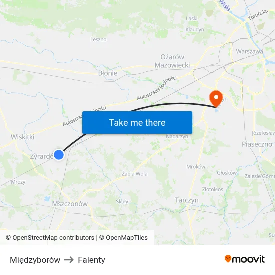 Międzyborów to Falenty map