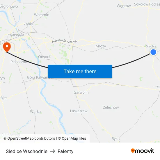 Siedlce Wschodnie to Falenty map