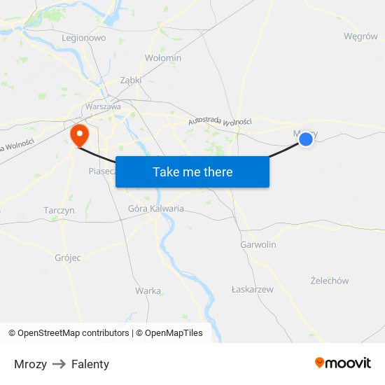 Mrozy to Falenty map