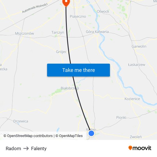 Radom to Falenty map