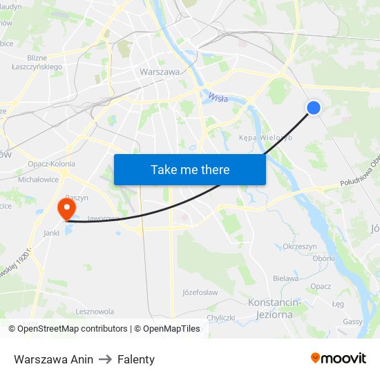 Warszawa Anin to Falenty map