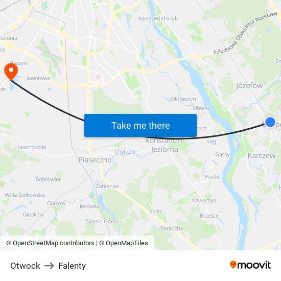 Otwock to Falenty map