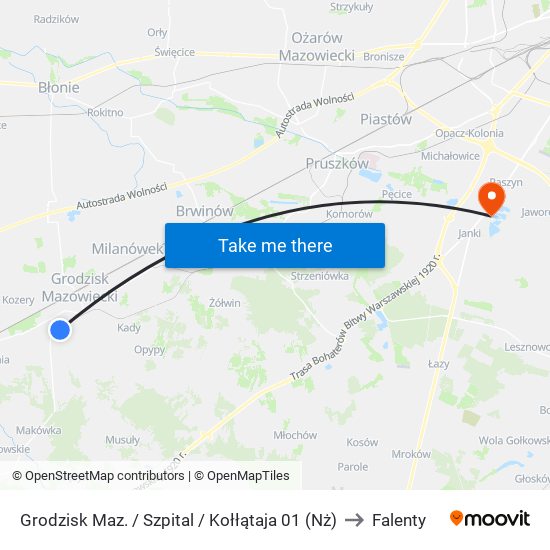 Grodzisk Maz. / Szpital / Kołłątaja 01 (Nż) to Falenty map