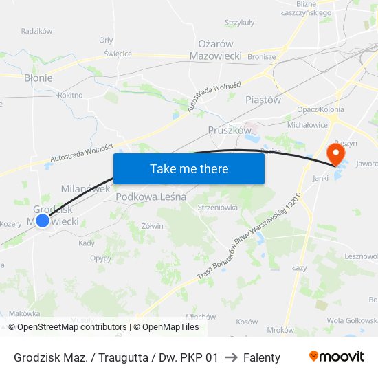 Grodzisk Maz. / Traugutta / Dw. PKP to Falenty map