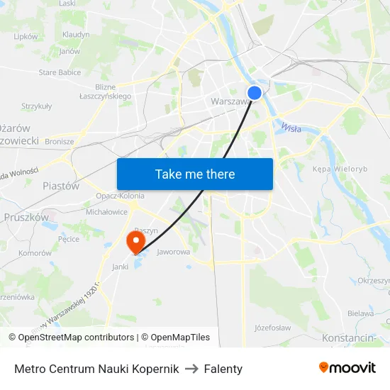 Metro Centrum Nauki Kopernik to Falenty map