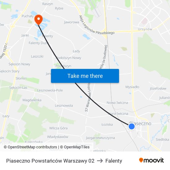 Piaseczno Powstańców Warszawy to Falenty map