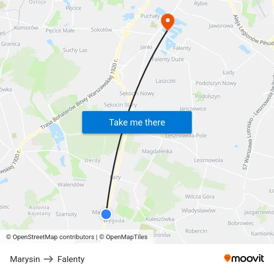 Marysin to Falenty map