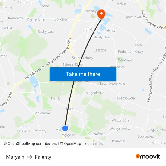 Marysin to Falenty map