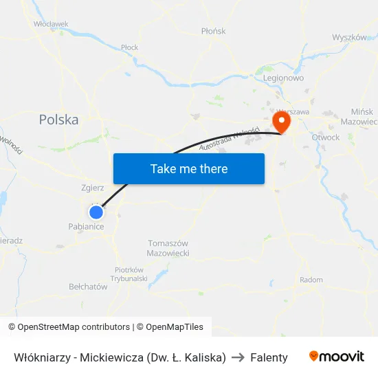 Włókniarzy - Mickiewicza (Dw. Ł. Kaliska) to Falenty map