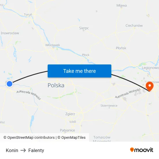 Konin to Falenty map