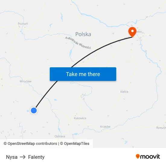 Nysa to Falenty map