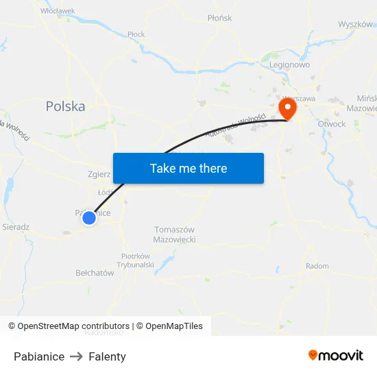 Pabianice to Falenty map