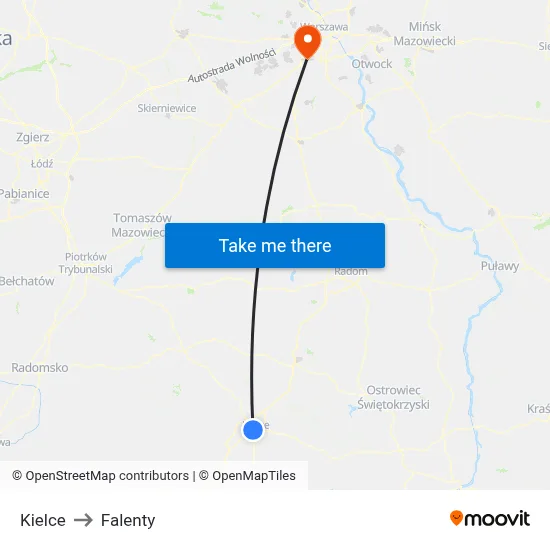 Kielce to Falenty map