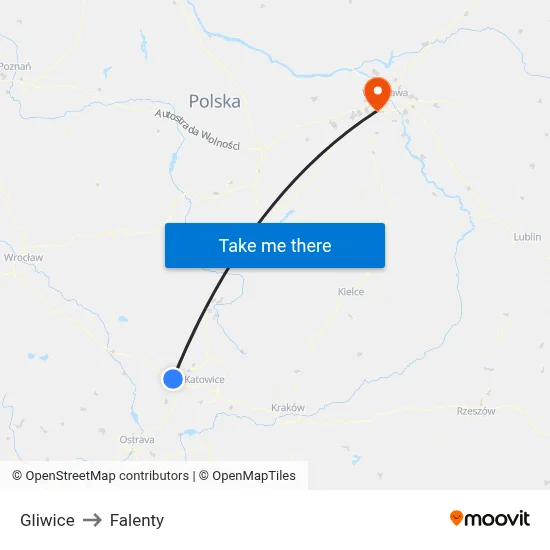 Gliwice to Falenty map