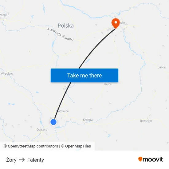 Żory to Falenty map