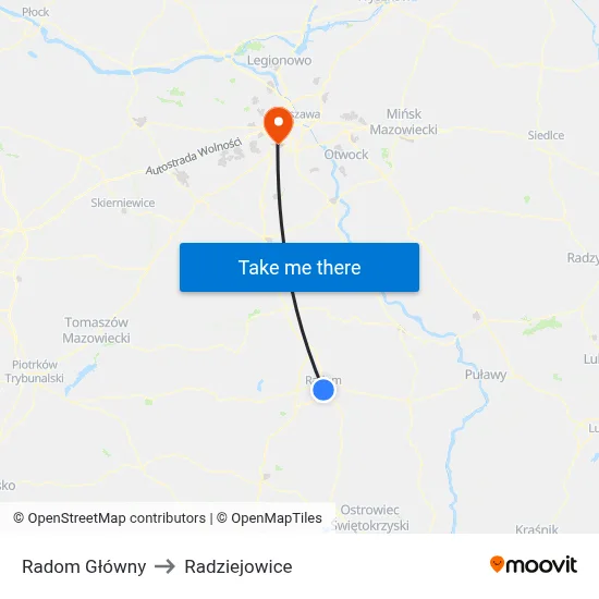Radom Główny to Radziejowice map