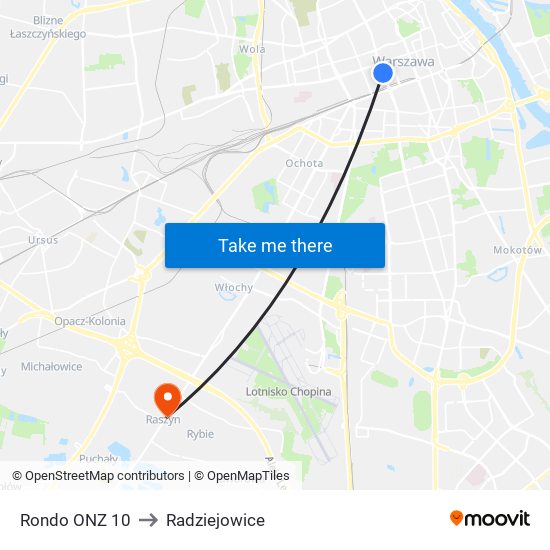 Rondo ONZ 10 to Radziejowice map