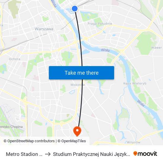 Metro Stadion Narodowy to Studium Praktycznej Nauki Języków Obcych (SPNJO) SGGW map