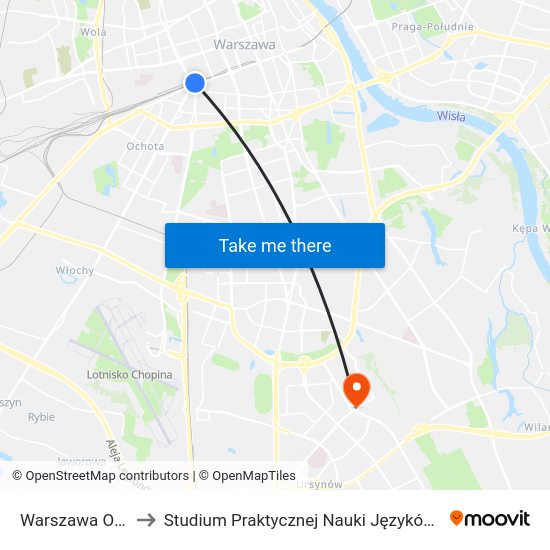 Warszawa Ochota WKD to Studium Praktycznej Nauki Języków Obcych (SPNJO) SGGW map