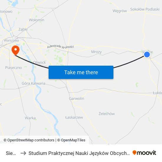 Siedlce to Studium Praktycznej Nauki Języków Obcych (SPNJO) SGGW map
