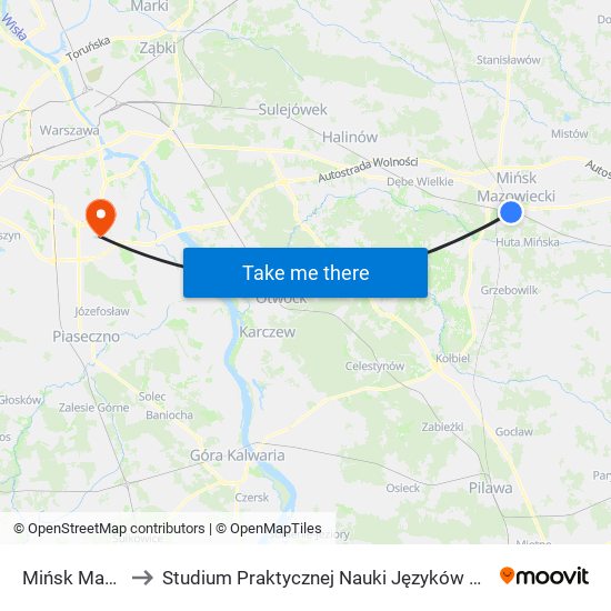 Mińsk Mazowiecki to Studium Praktycznej Nauki Języków Obcych (SPNJO) SGGW map