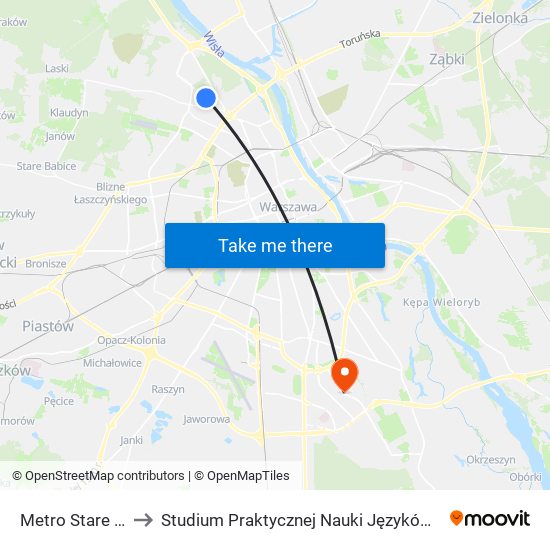 Metro Stare Bielany to Studium Praktycznej Nauki Języków Obcych (SPNJO) SGGW map