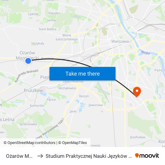 Ożarów Mazowiecki to Studium Praktycznej Nauki Języków Obcych (SPNJO) SGGW map