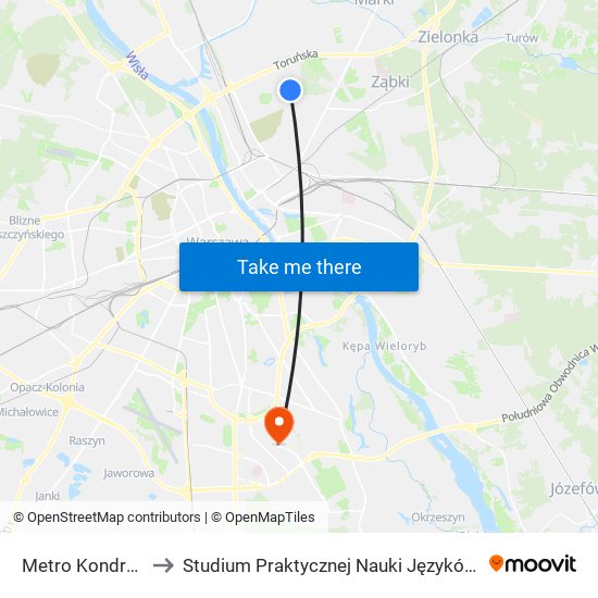 Metro Kondratowicza 06 to Studium Praktycznej Nauki Języków Obcych (SPNJO) SGGW map