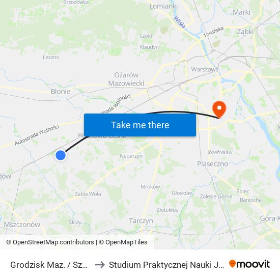 Grodzisk Maz. / Szpital / Kołłątaja 01 (Nż) to Studium Praktycznej Nauki Języków Obcych (SPNJO) SGGW map