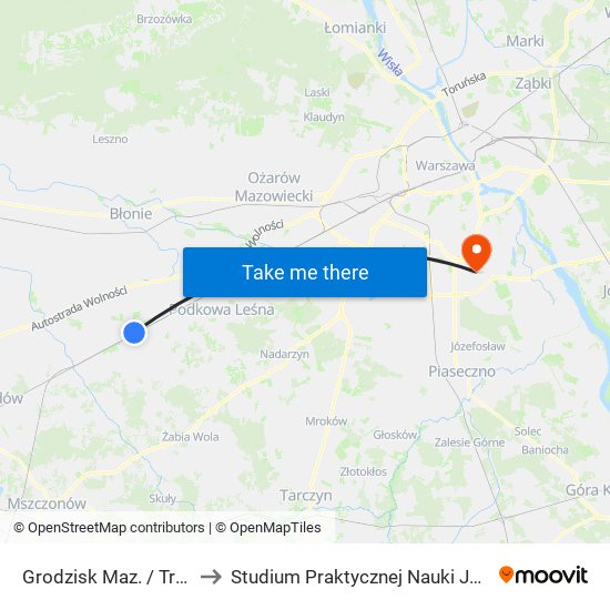 Grodzisk Maz. / Traugutta / Dw. PKP 01 to Studium Praktycznej Nauki Języków Obcych (SPNJO) SGGW map