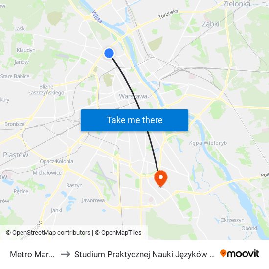 Metro Marymont to Studium Praktycznej Nauki Języków Obcych (SPNJO) SGGW map