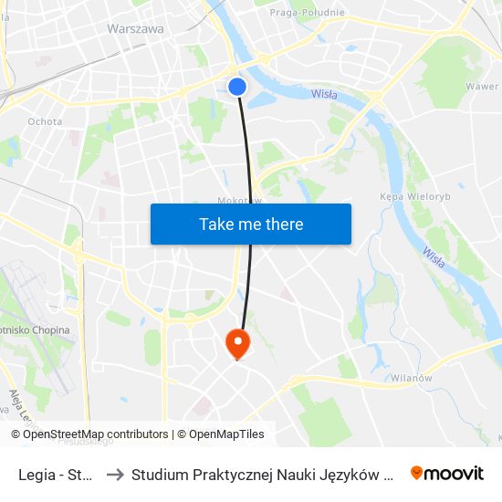 Legia-Stadion to Studium Praktycznej Nauki Języków Obcych (SPNJO) SGGW map