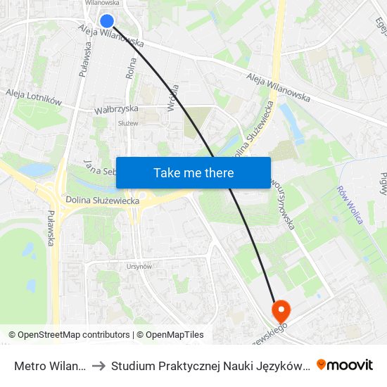 Metro Wilanowska 10 to Studium Praktycznej Nauki Języków Obcych (SPNJO) SGGW map