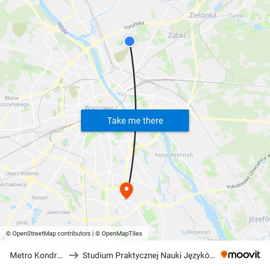 Metro Kondratowicza 02 to Studium Praktycznej Nauki Języków Obcych (SPNJO) SGGW map