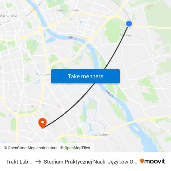 Trakt Lubelski 02 to Studium Praktycznej Nauki Języków Obcych (SPNJO) SGGW map