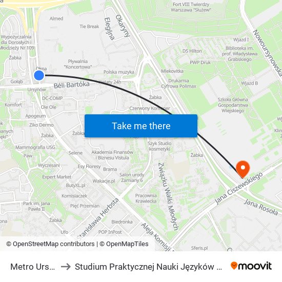 Metro Ursynów to Studium Praktycznej Nauki Języków Obcych (SPNJO) SGGW map