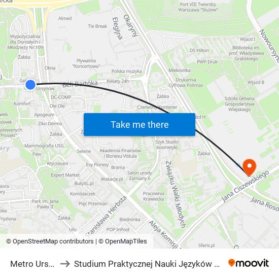 Metro Ursynów to Studium Praktycznej Nauki Języków Obcych (SPNJO) SGGW map