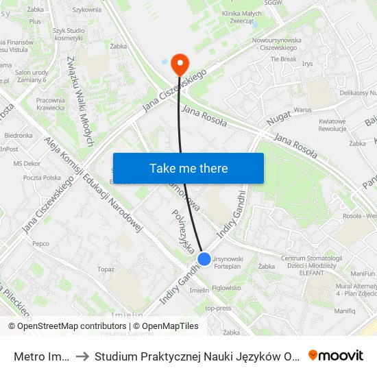 Metro Imielin to Studium Praktycznej Nauki Języków Obcych (SPNJO) SGGW map