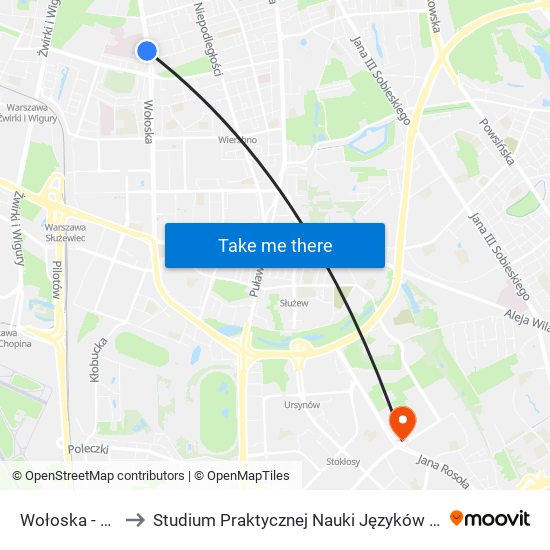 Wołoska - Szpital 01 to Studium Praktycznej Nauki Języków Obcych (SPNJO) SGGW map