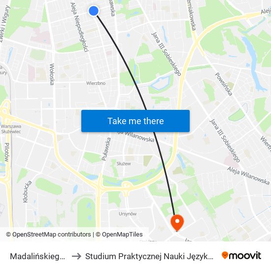 Madalińskiego - Szpital 01 to Studium Praktycznej Nauki Języków Obcych (SPNJO) SGGW map