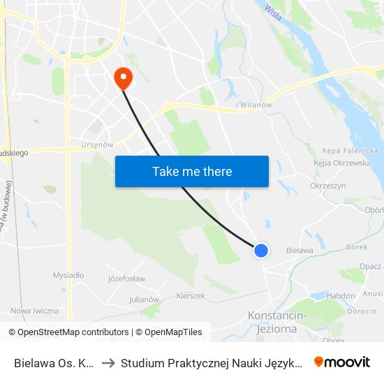 Bielawa Os. Konstancja 01 to Studium Praktycznej Nauki Języków Obcych (SPNJO) SGGW map