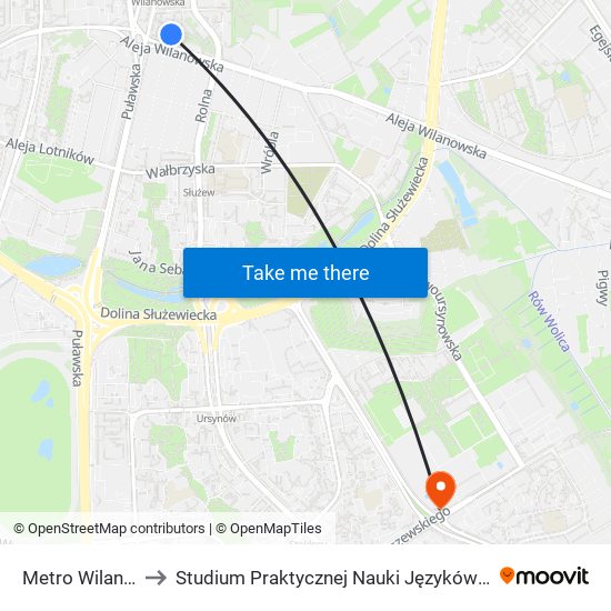 Metro Wilanowska to Studium Praktycznej Nauki Języków Obcych (SPNJO) SGGW map